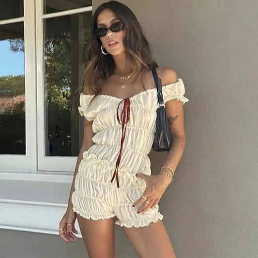 dingdamall  -  Wooden Ear Edge Pleated Shorts Set V Neck Off Shoulder Bow Short Sleeve Sexy Backless Top Slim Fit Casual Fashion Suit