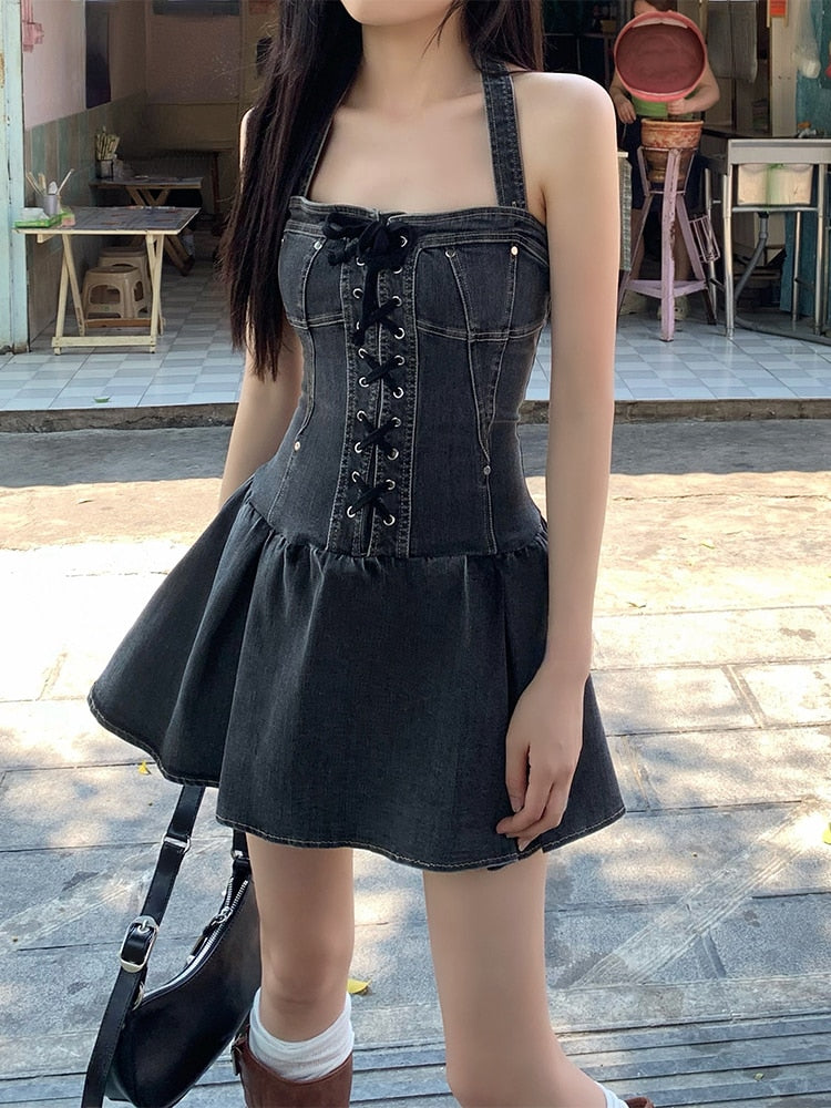 Summer Sexy Sleeveless Slim Denim Dress Woman Vintage Strap Y2k Mini Dress Party One Piece Dress Korean Fashion Design