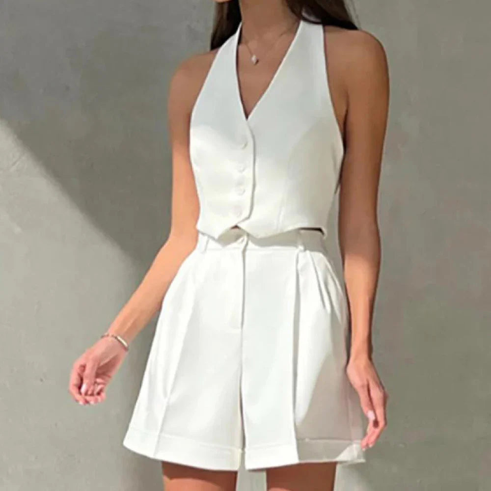 dingdamall  - Women Fashion Sleeveless Vest 2 Piece Sets Elegant V Neck Sleeveless Tank Summer Vintage Casual Shorts Outfits Work Clothes