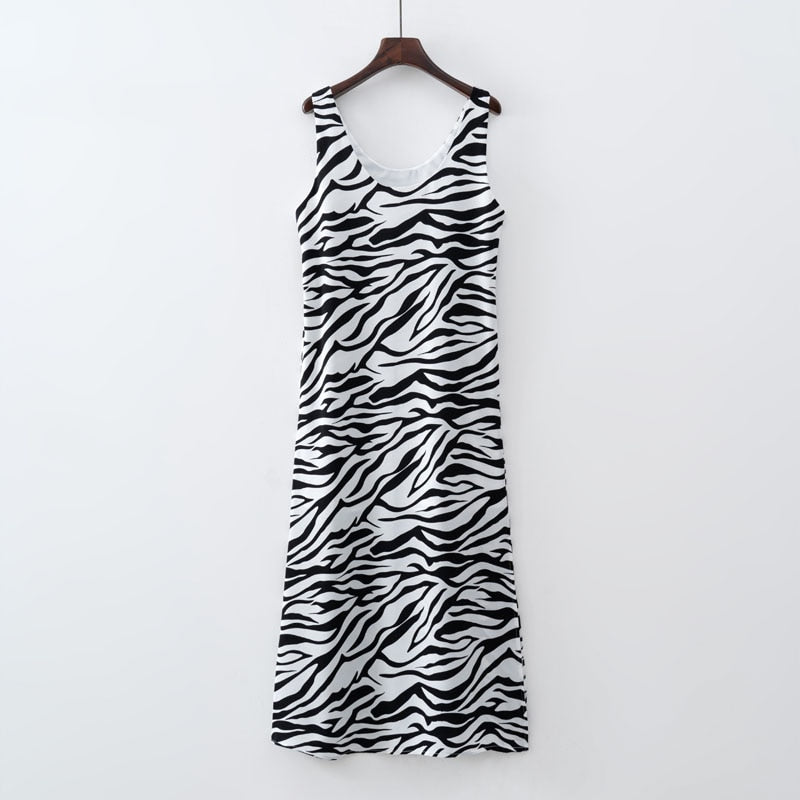 Summer Women Zebra Sleeveless Fashion Long Dress Split Tank Dress beach