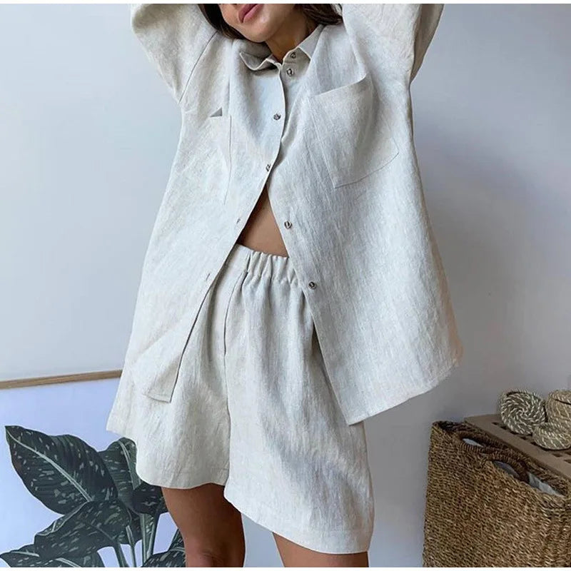 dingdamall  -  Casual Cotton Linen Sets Commuter Single Breasted Loose Long Sleeve Shirt Shorts Suit Summer Vacation 2 Piece Set Women's Outfit