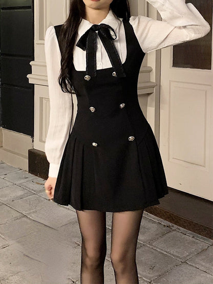 Autumn Fake Two Dress Women Slim Chic Long Sleeve Bow Casual Y2k Mini Dress Female Korean Fashion Elegant Short Party Dress