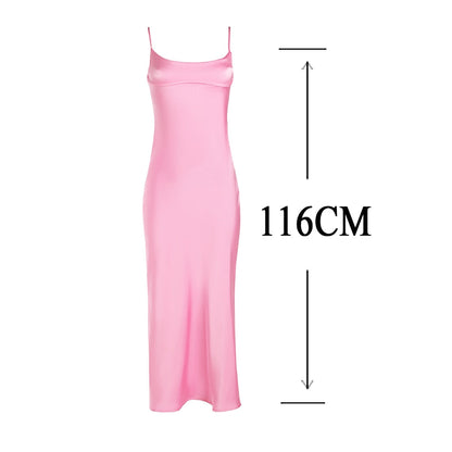 Pink Camis Satin Long Dresses Elegant Sleeveless Slip Holiday Party Dresses Sexy Casual Backless Summer Dresses Women