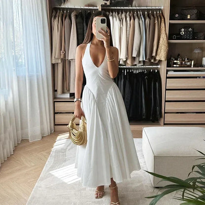 Sexy Deep V Hollow Halterneck Large Hem Dress For Women Solid High Waisted Backless Splice Summer New Vacation Long Dress