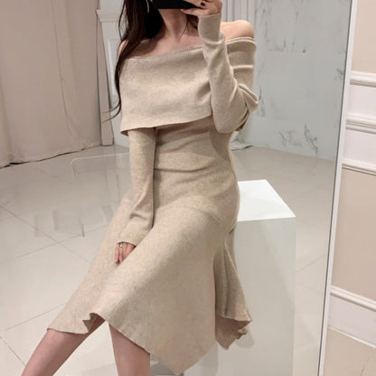 Vintage Sexy Slash Neck Long Sleeve Ruffle Hem Long Sweater Dress Women Slim Waist Irregular Elastic Knitted Dresses Winter