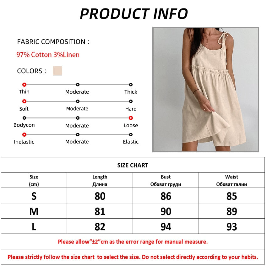 Cotton Linen Casual Dresses Lace Up Summer Vacation Spaghetti Strap Dress Oversize V-Neck Women Backless Dress