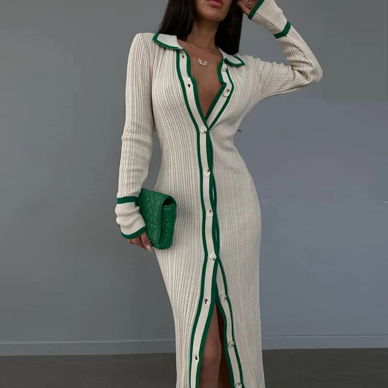 YESMYTOOL  -  Slim Knitted Long Sleeve Turn-down Collar Cardigan Long Dress Elegant 2023 Autumn Single-breasted Vestidos Party Streetwear