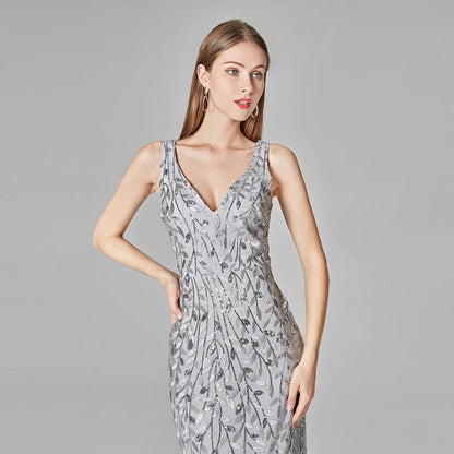 Silver Gray Elegant Fashion Evening Dresses Sexy Simple V Collar Open Back Sleeveless Embroidered Beads Fishtail Dress Gown