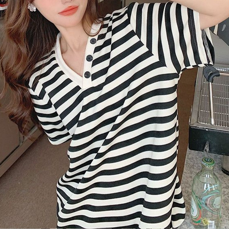 Summer Bow Black and White Striped Tshirt Dress Women V-neck Backless Hollow Out Y2K Straight Skirt Korean Style Elegant Robe