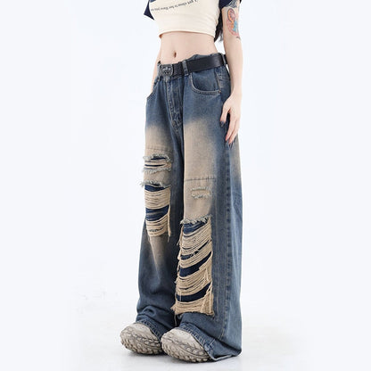 Y2K Vintage Black Hole Women Jeans Bf Summer Blue High Waist Hip Hop Loose Wide Leg Pants Korean Solid Straight Denim Pants New