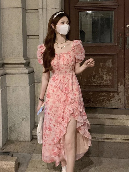 Vintage Puff Sleeve Irregular Print Dresses for Women Ruffled Elegant Casual Party Korean Fashion Floral Long Dress Summer