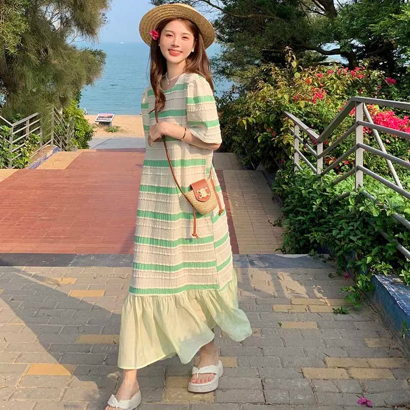 YESMYTOOL  -  Fashion O-Neck Striped Spliced Folds Mermaid Casual Dresses Female Clothing 2024 Summer New Loose Korean Puff Sleeve Midi Dress