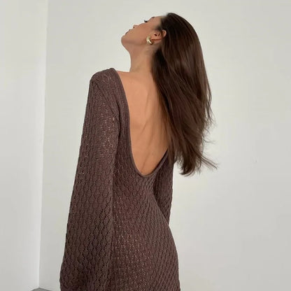 YESMYTOOL  -  Knitted Hollow Beach Short Dress 2024 Spring Summer New Solid Color Long Sleeve V-neck Backless Cover Up Party Clubwear