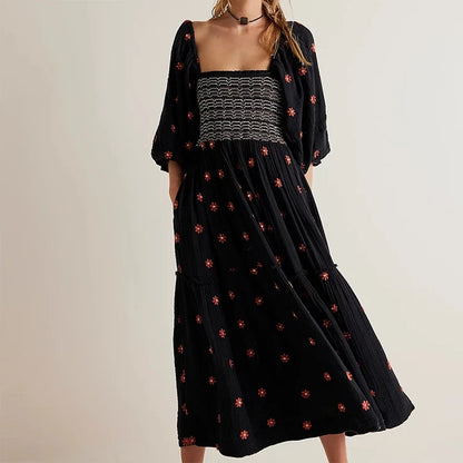 YESMYTOOL  -  Beach Style Holiday Ruffle Swing A Line Maxi Dress Bohemian Floral Dress Women Lady Square Neck Long Sleeve Club Party Dress