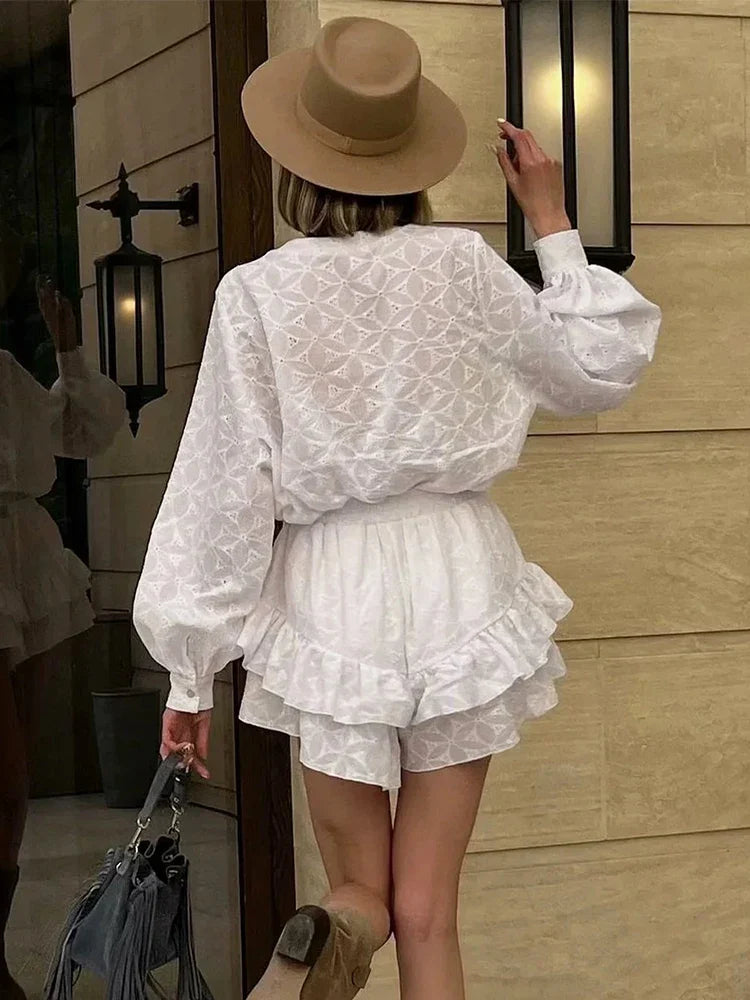 dingdamall  -  Solid White Cotton Lace Shorts Set Women Spring Summer Outfits Beach Holiday Lace Vintage 2pcs Shirt+shorts Set 2024