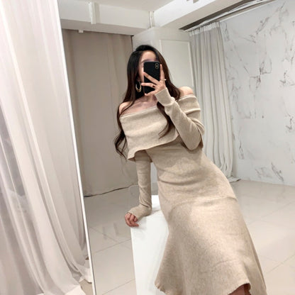 Vintage Sexy Slash Neck Long Sleeve Ruffle Hem Long Sweater Dress Women Slim Waist Irregular Elastic Knitted Dresses Winter