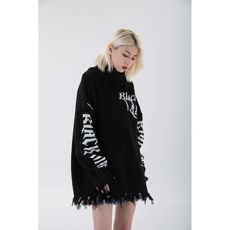 Women Street Black Knitting Sweater Letter Printing Round Neck Long Sleeves Casual Vintage High Street Baggy Tops Ladies Autumn