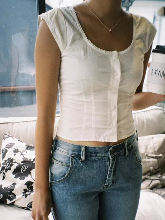 Women Stitching White Slim Short Sleeve T Shirt Buttons Cotton Casual Blouse Sweet Fashion Summer Lace Tops