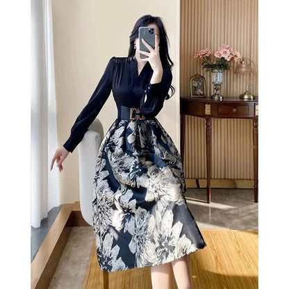 Women's Printed Dress Autumn New Luxury Celebrity Temperament French Fake Two Piece Long Sleeve Dress Female