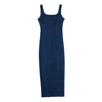 Summer Women's Retro Denim Dress Fashion Square Collar Sleeveless Open Back Zipper Slim Female Slit Mid-length Dress