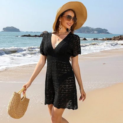 YESMYTOOL  -  Knitted Deep V-neck Beach Dress 2024 Summer New Ripple Hollow Short Sleeve Elastic Waist Bikini Cover Up Vacation Holiday Robe