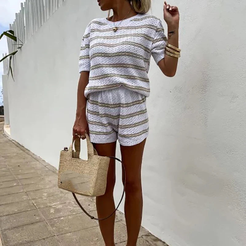 dingdamall  -  New 2024 Striped Knitted Two Piece Sets Summer Women's O-neck Top with Shorts Suit Fashion Color Blocking Slim Fit Beach Outfits