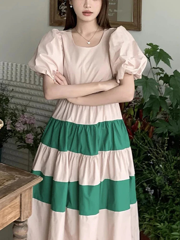 YESMYTOOL  -   Beautiful O Neck High Waist Loose Contrasting Color Patchwork Pleated Bubble Sleeve Women's Dress 2024 Spring Summer U9245