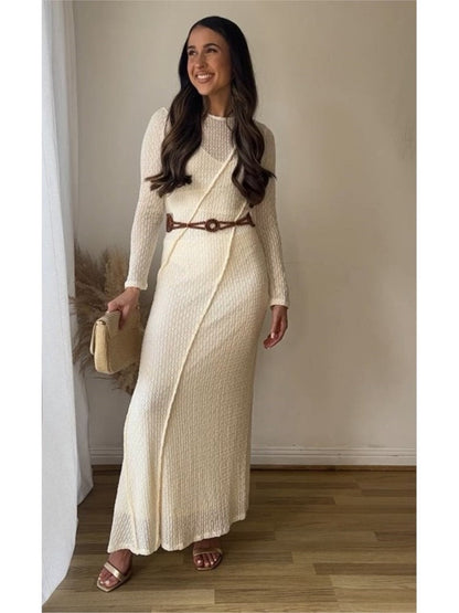 Women Solid Hollow Out Knitted Maxi Dress Eleagnt O Neck Long Sleeve Slim A Line Vestidos Fashion Female Bohe Patchment Robe