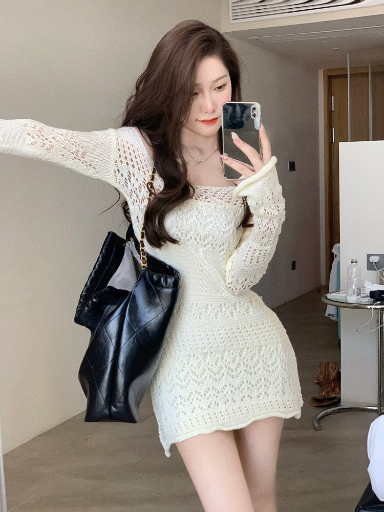 Autumn Elegant Knitted Dress Women Long Sleeve Lace Short Party Dress Korea Fashion Slim Sexy Y2k Mini Dress Female Vintage