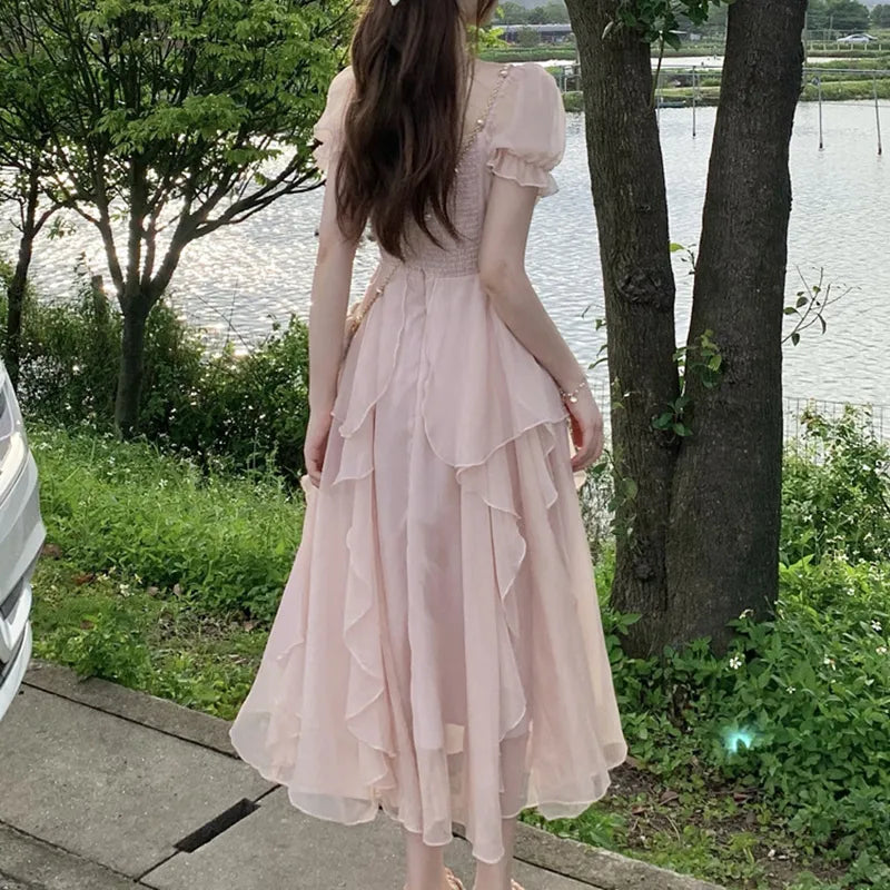 Women's Summer Dress Chiffon Fairy Solid Chic Party Midi Dress  New Korean White Elegant High Waist Slim Long Skirt Y2k