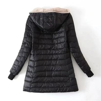 2023 Winter Mid-Length Hooded Cotton Jacket Women Autumn Lightweight Plush Lining Solid Ladies Parka Loose Female Zipper Outwear