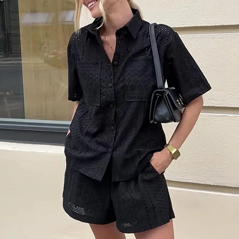 dingdamall  -  Casual Lapel Button Shirt and Shorts Suit Elegant Solid Color Pockets Summer Outfit Fashion Lace Hollow Out Women Two Piece Sets