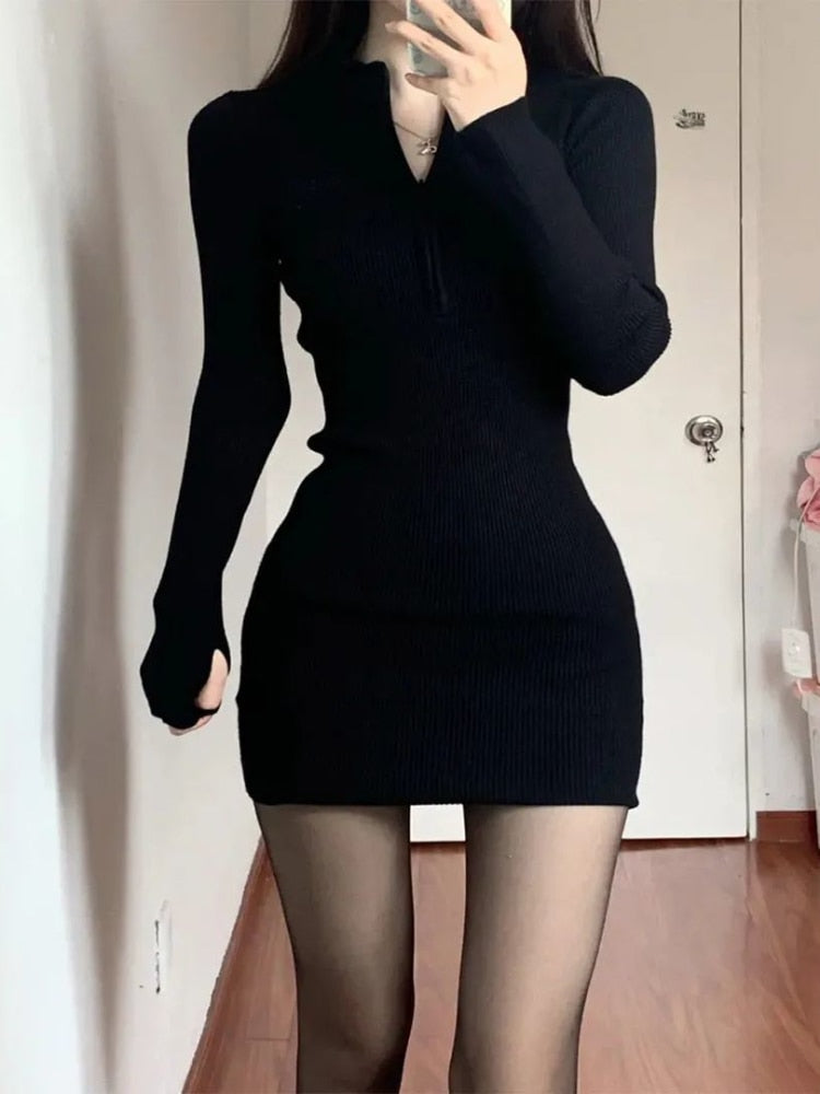 Black Bodycon Knitted Dress Women Sexy Wrap Slim Short Dresses  Autumn Fall Solid Outfits Robes Femlae