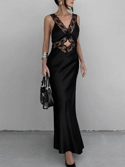 Lace Slim Maxi Dresses For Women Clothing Deep V Neck Sexy High Wasit Long Dress Party Fashion Evening Dress Woman