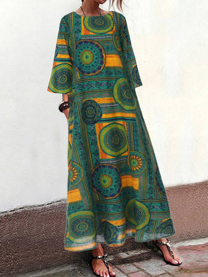 Women Summer Dress Bohemian Printed O-neck Vestidos Kaftan Robe Longue 3/4 Sleeves Casual Loose Party Maxi Dresses