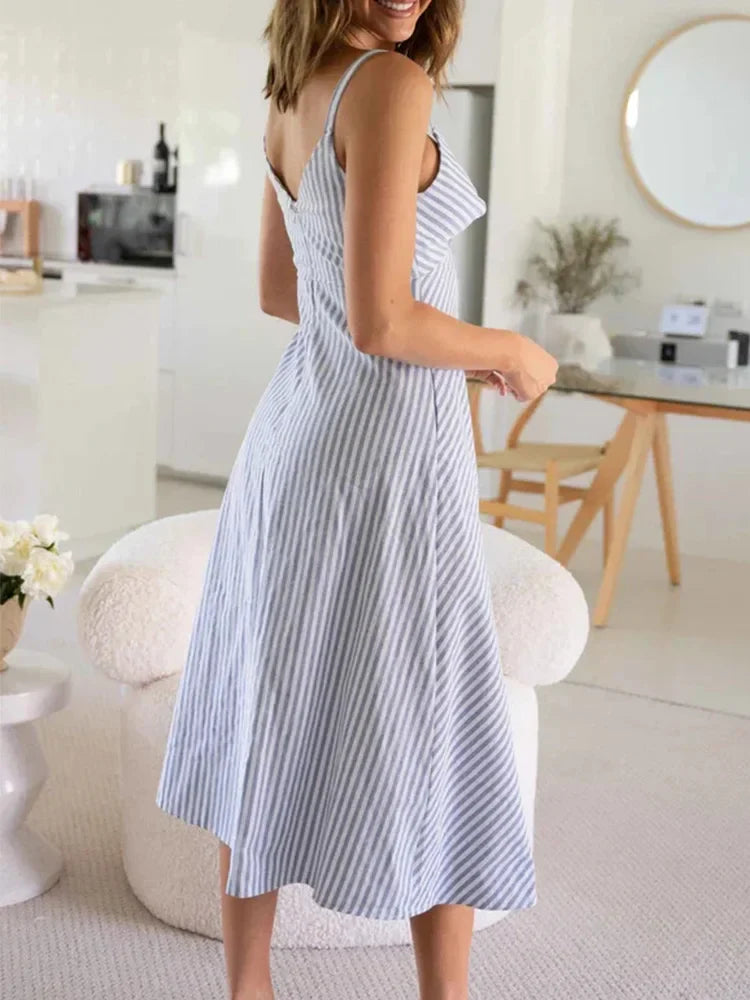 YESMYTOOL  -  Back Zip Blue Striped Casual Women Summer Dress Vestidos 2024 Spaghetti Strap Sleeveless Midi Long Dress Robe Sundress