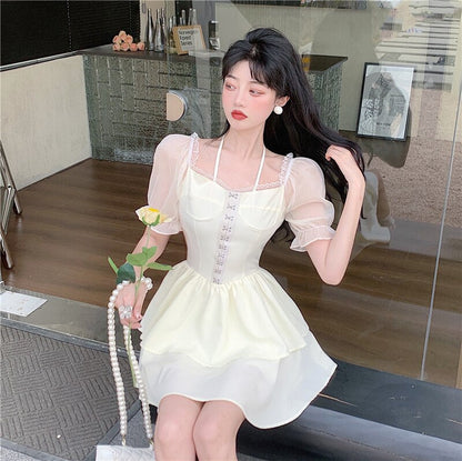 White Women's Dress Short Skirt French Vintage Long Short Sleeve Summer Ladies Chic Design Ruffle Skirt Halterneck Dresses