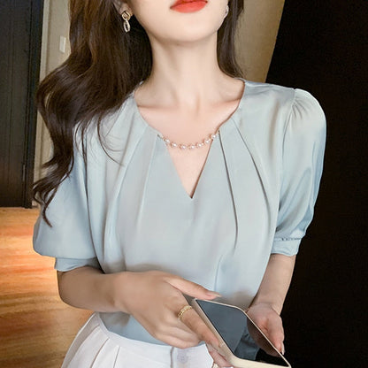 Blouses Top Femme Short Sleeve Blouse Women Blusas Mujer De Moda Verano Beading V-Neck Chiffon White Blouse Shirt Tops E800