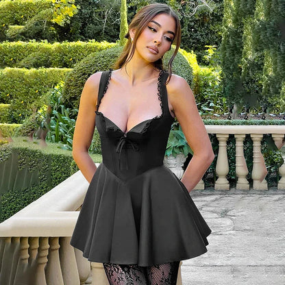 Plunge Lace Up Sexy Mini Dress Women's Sleeveless Fashion Retro Splice Folds Slim Black Party Evening Dress Female Summer