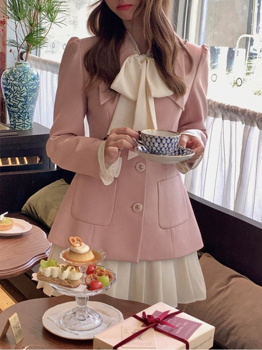 Winter Elegant Two Piece Set Women Korean Fashion Bow Sweet Party Dress Set Female Long Sleeve France Chic Mini Dress Suit