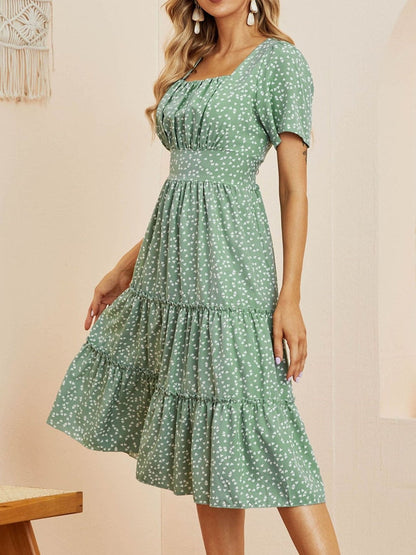 Summer Love Pattern Dot Print Dress Women Casual Short Sleeve Square Collar Ruffles Medium Long Chiffon Dress