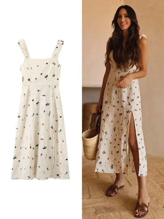 YESMYTOOL  -  Women's Embroidery Printed Halter Dress Fashion Sexy Side Split Back Tie Chic Long Dresses Temperament Elegant Womenswear