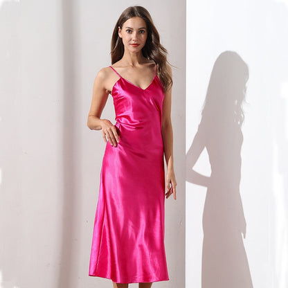 Women's Satin Nightgown Long Slip Sleep Dress Silk V Neck Sleepwear Solid Color Nightwear