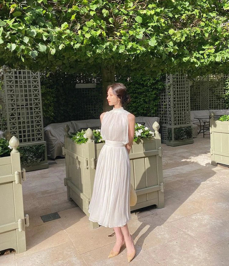 YESMYTOOL  -  Summer White France Vintage Dress Women Chiffon Elegant Evening Party Long Dress Lady Casual Korean Style One-piece Dress