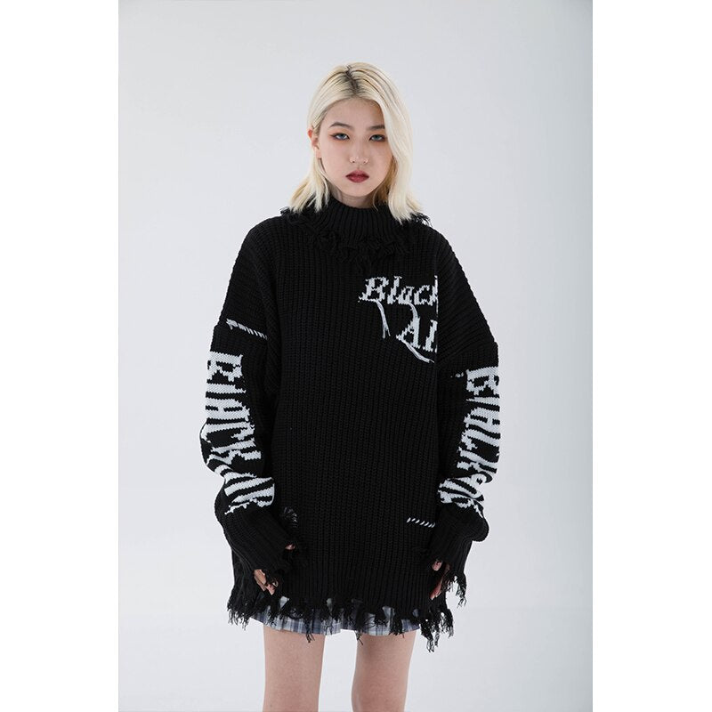 Women Street Black Knitting Sweater Letter Printing Round Neck Long Sleeves Casual Vintage High Street Baggy Tops Ladies Autumn