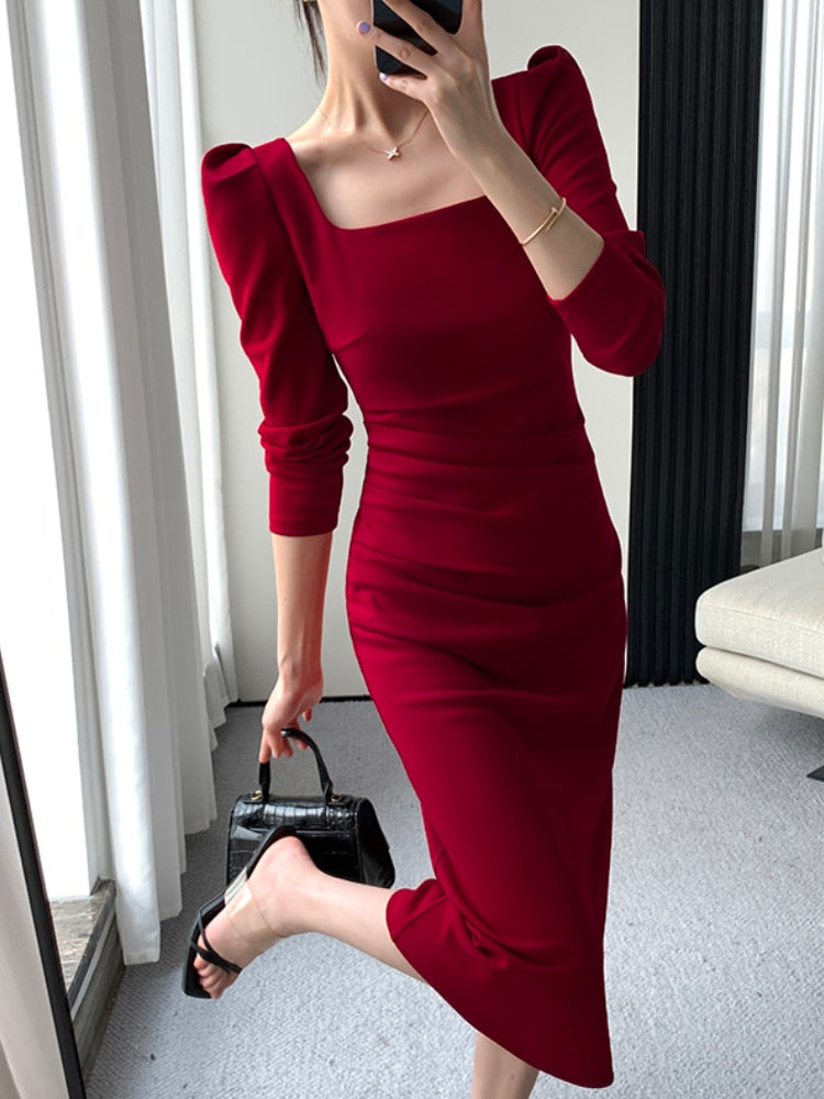 Square Collar Solid Wedding Maxi Dresses for Women Office Lady Bodycon Midi Dress Elegant Korea Fashion Clothes Autumn Robe