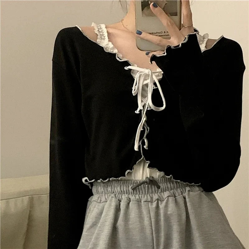 Women Long Sleeve T-shirts Lace-up Cardigan Patchwork Ruffles Trendy Sweet Lovely Crop Tops Sexy Females Coat Leisure Outwear