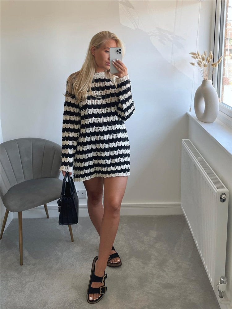 Black White Striped Knitted Short Dress Autumn Woman Hollow Out Crochet Dresses Female Fashion High Street Knit Mini Dress