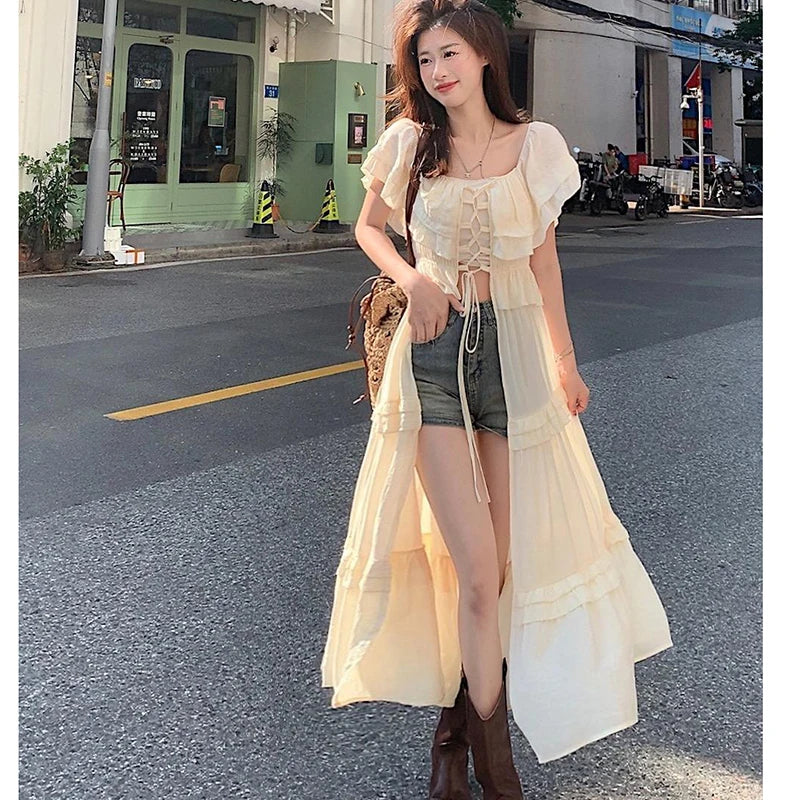 Women Long Dress Y2K Sweet Slash Neck Vintage Hollow Out Perspectival Dress Summer Streetwear Holiday Bandage Dress Female New