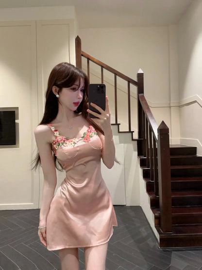 YESMYTOL  -  Mesh Three-dimensional Flower Halter Slim Pink Holiday Style Sexy Pure Desire Dress Woman Chinese Traditional Style